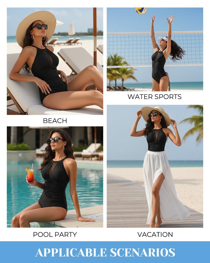 Tempt Me Women One Piece Swimsuit Black High Neck Plunge Ruched Tummy Control Bathing Suit 1X - Image 5